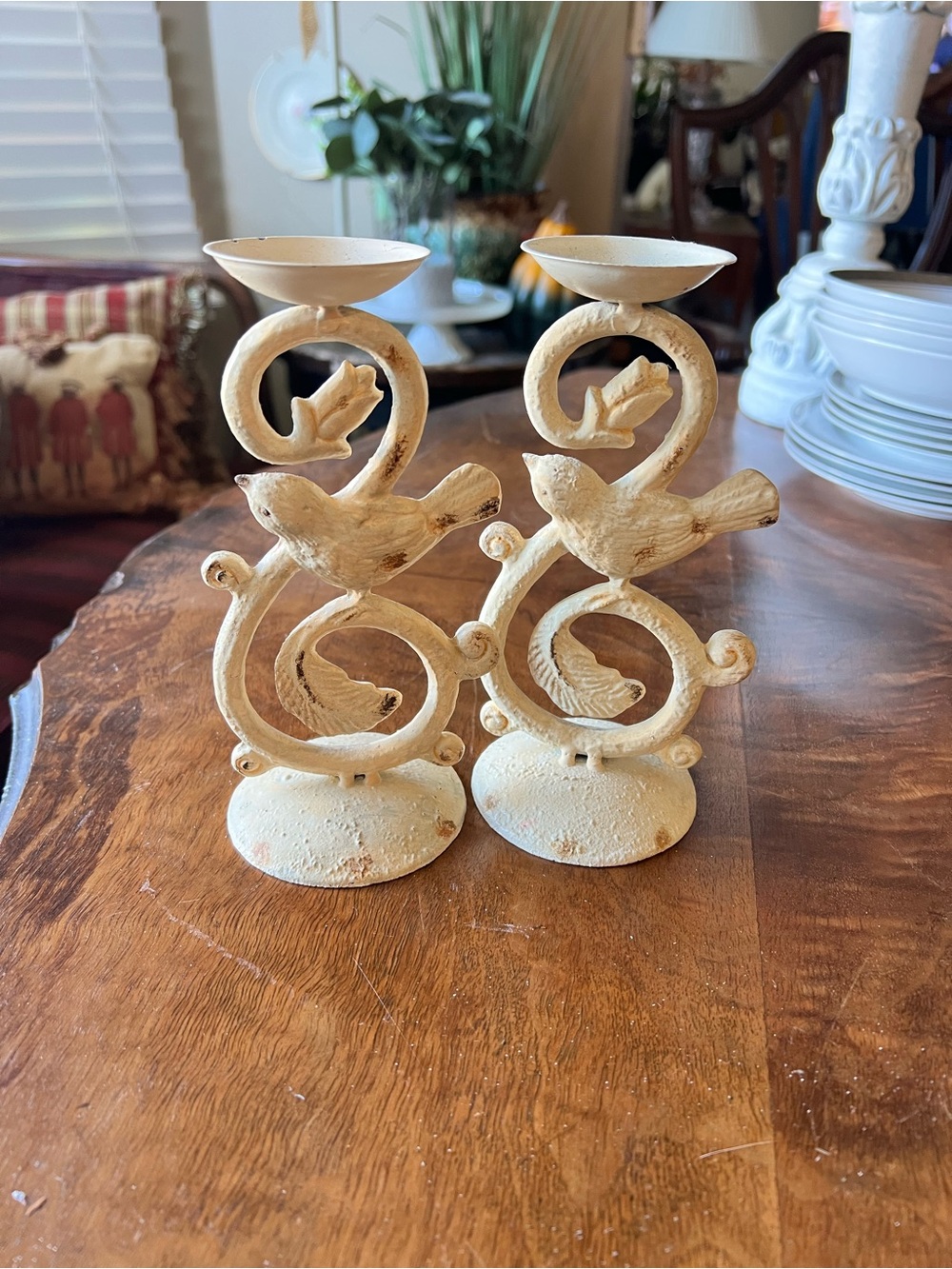 🦋 Shabby chic Decorative Cream Bird Metal Candle Holders - Set of 2